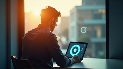 Man using laptop near window at sunset working on data analysis