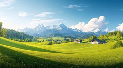 Obraz premium Scenic landscape featuring mountains, lush green fields, and a clear blue sky with clouds.