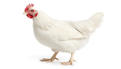 Fototapeta premium A single white chicken standing alone against a plain white background