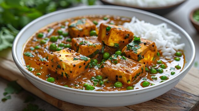 Indian matar paneer green peas paneer curry served in white bowl with rice on the side