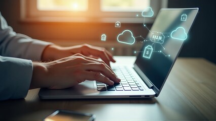 Typing on laptop with cloud computing and networking illustration concept