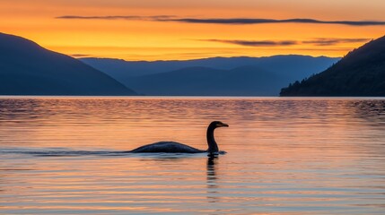 Fototapeta premium Loch Ness Monster silhouette emerging from tranquil lake at sunset with dramatic sky, blending myth, mystery, and breathtaking natural scenery, Generative AI
