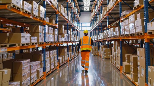 Workers in high-visibility safety gear walking through large warehouse with multiple shelving rows, carrying out inventory management and logistics operations