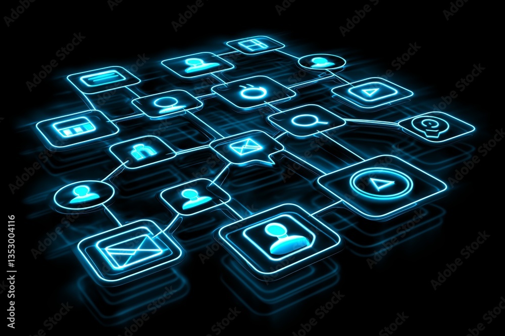 Aufkleber Futuristic digital interface with glowing blue icons on black background representing online communication, social network, and high-tech connectivity system, Generative AI