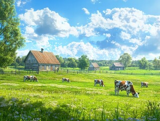 Idyllic countryside scene: cows graze peacefully in a verdant meadow, quaint farmhouses dot the landscape under a vast, sunny sky. 