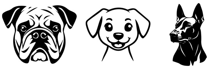 Dog Face Silhouette Vector Set, Bulldog, Cute Puppy, and Doberman Head Illustrations