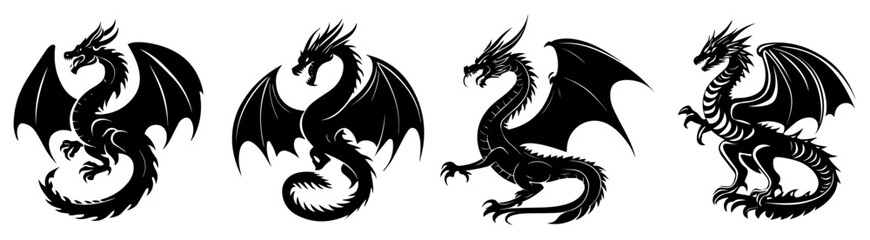 Dragon Silhouette Vector Set, Fantasy Mythical Creatures for Logos, Tattoos, and Illustrations