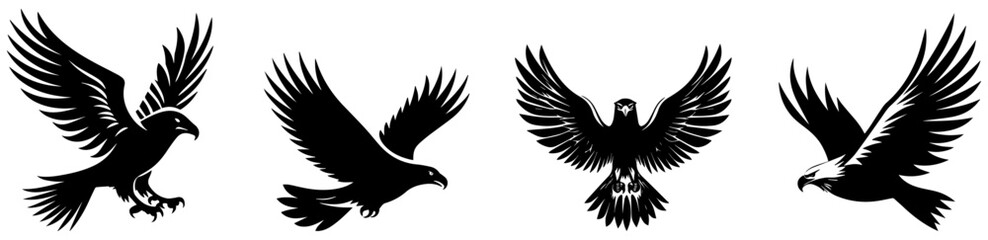 Eagle Silhouette Vector Set, Majestic Flying Hawk and Bald Eagle Illustrations