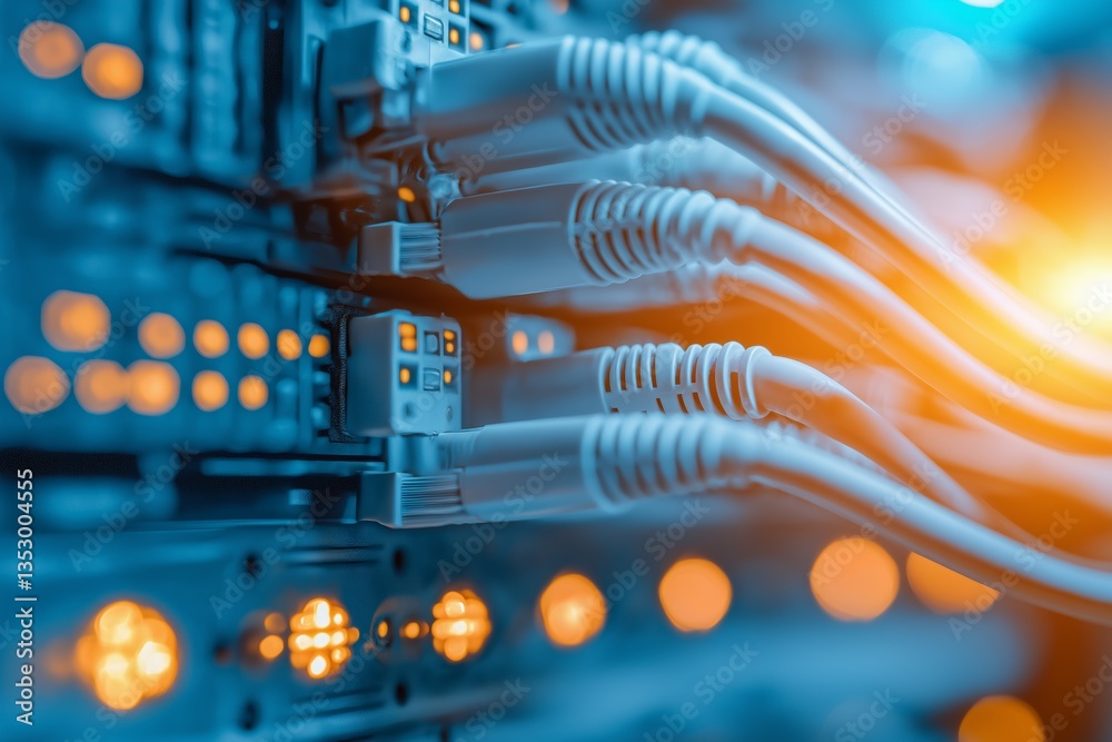 Poster close-up of glowing network cables and ethernet ports in a modern data center, highlighting fast con