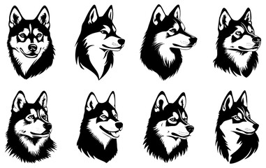 Fototapeta premium Husky Dog Head Silhouette Vector Set, Black and White Digital Illustration
