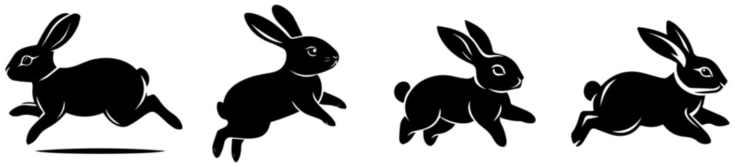 Jumping Rabbit Silhouette Vector Set, Dynamic Running and Leaping Bunny Illustrations for Easter, Wildlife, and Nature Designs