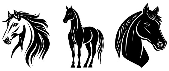 Obraz premium Majestic Horse Head and Standing Stallion Silhouette Vector Set, Elegant Equine Art for Logos and Designs
