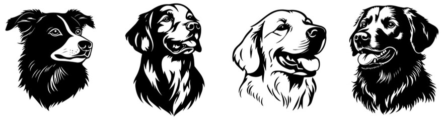 Realistic Dog Head Silhouettes, Black and White Vector Illustration of Popular Dog Breeds for Logos and Designs