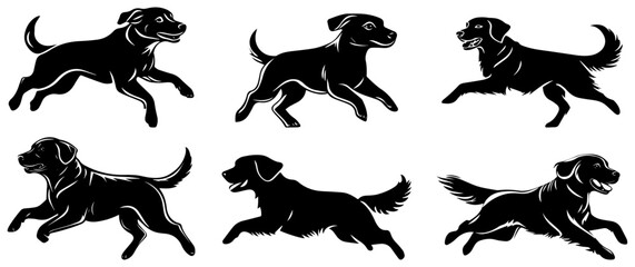 Running Dog Silhouette Vector Set, Playful Golden Retriever and Labrador Illustrations