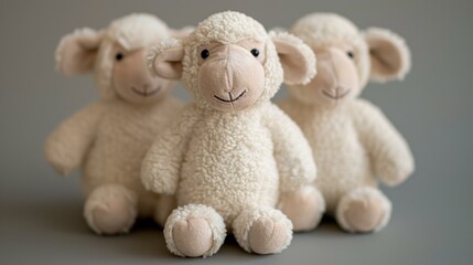 Fototapeta premium Soft, fluffy sheep toy perfect for cozy farmthemed nurseries. A charming addition to any childs room decor