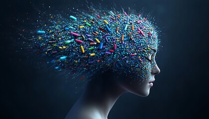 A womans face and head covered in colored medication particles