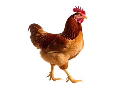 Full body of brown chicken hen standing isolated transparent background