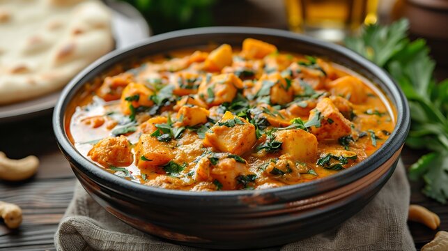 Indian vegetable korma curry cream and cashews served with naan bread on white plate