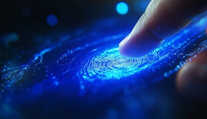 Finger scanning futuristic touch screen, data visualization background