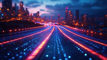 Futuristic Highway at Night: Cityscape with Glowing Roads