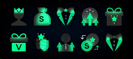 Glassmorphism Blurry green VIP icons. Symbols of achievement, rewards, and financial success. Realistic glassmorphism UI icons set. Game Rewards and Status Icons on the black background .  