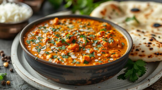 Indian vegetable korma curry cream and cashews served with naan bread on white plate