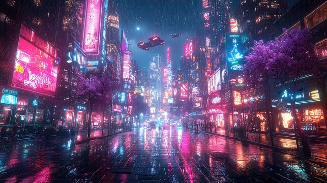 Cyberpunk city street at night, raining, flying car, neon signs, urban landscape, futuristic background, ideal for sci-fi game backgrounds