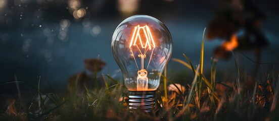 Illuminating Idea: A brilliant, glowing light bulb rests amid lush green grass, the filament ablaze with light, representing innovation and thought. 