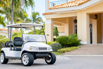 custom golf cart with refreshment center parked by exclusive clubhouse valet area