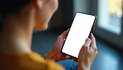 Female hand holding a cell phone with a blank screen, looking at the device thoughtfully, simplicity, smartphone