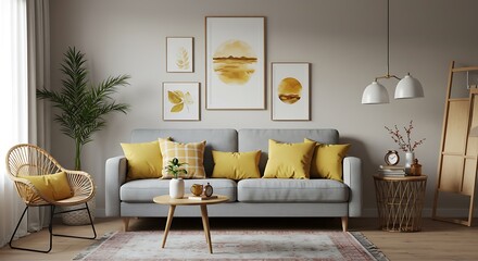 Obraz premium Modern boho living room in a cozy apartment with a gray sofa, honey yellow pillows and plaid, mock-up paintings, rattan basket, and stylish accessories. Chic home decor.