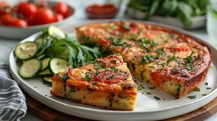 Iranian kuku kadoo courgette egg frittata sliced and plated on white ceramic tray