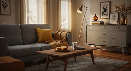 Obraz premium Stylish boho living room with a gray sofa, wooden coffee table, commode, and elegant accessories. Honey yellow pillow and plaid add warmth. Cozy apartment decor.
