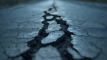 Obraz premium Cracked asphalt road, perspective view, rural setting, background blurred; use website, blog, article