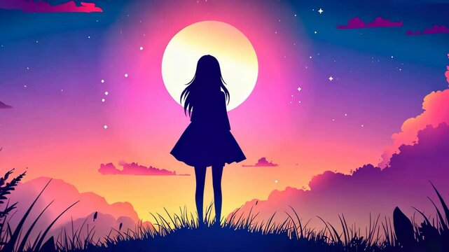 A romantic anime girl gazes longingly at a vibrant red sunset, capturing the beauty of love and melancholy.