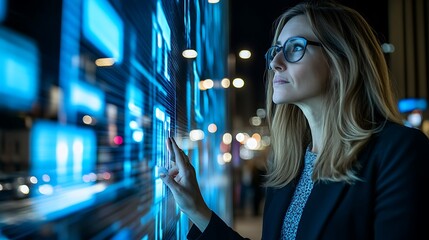 Businesswoman interacting with a futuristic data display interface screen