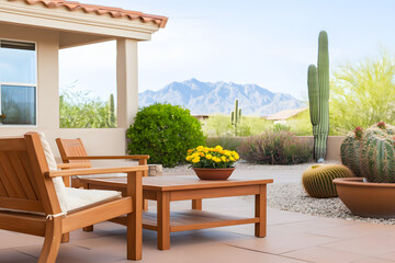 southwestern desert home patio featuring terracotta tiles, rustic wooden furniture, and mature saguaro cactus with mountains visible in background