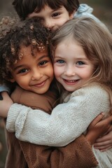 Three children embrace, their faces close together in a heartwarming display of friendship and affection. Their joy and innocence radiates.