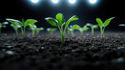 Fototapeta premium Young plants sprout from dark soil, illuminated