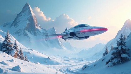 Fototapeta premium Futuristic spaceship hovering above a snowy landscape on a white futuristic background , ship, stars