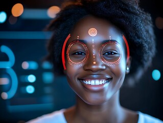 A smiling person with facial recognition interface overlay displayed