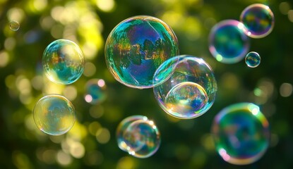 Colorful soap bubbles floating in green park background