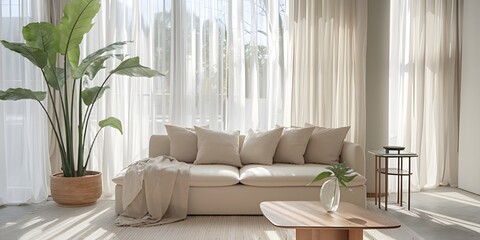 Cozy Living Room: A serene and inviting living space bathed in natural light, featuring a stylish beige sofa adorned with soft pillows and throws.