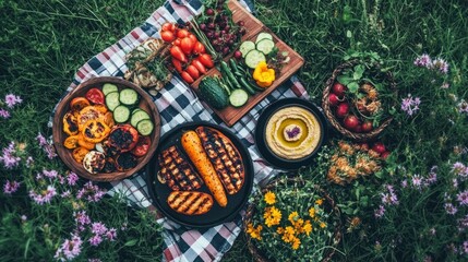 Fototapeta premium Colorful Outdoor Picnic Spread Featuring Fresh Vegetables, Grilled Delicacies, and Assorted Fresh Fruits on a Blanket