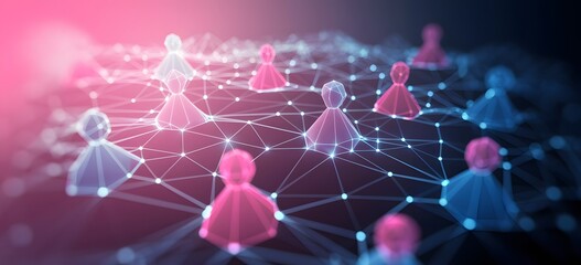 Network of Connection: An abstract representation of a vast network of interconnected people, glowing with a vibrant pink and purple color palette. Each figure symbolizes a point of connection. 