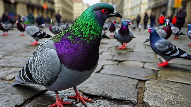 Flock of pigeons on city street