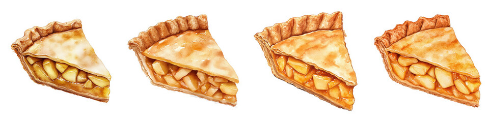 Watercolor apple pie slices, golden brown crusts and glistening glaze, stacked side by side.