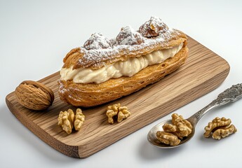 Fototapeta premium Delicious cream-filled pastry with walnuts on a wooden board, dusted with powdered sugar for a delightful dessert presentation and gastronomic appeal