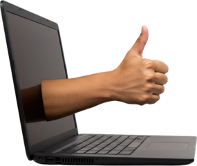 Hand Gesturing Thumbs Up Emerging from Laptop Screen Positive Feedback Online Success