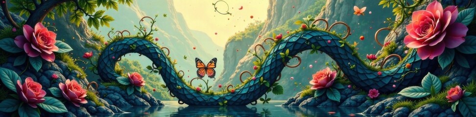 Fototapeta premium Intricate, dreamlike design featuring twisting vines and tendrils, dreamcatcher, botanical